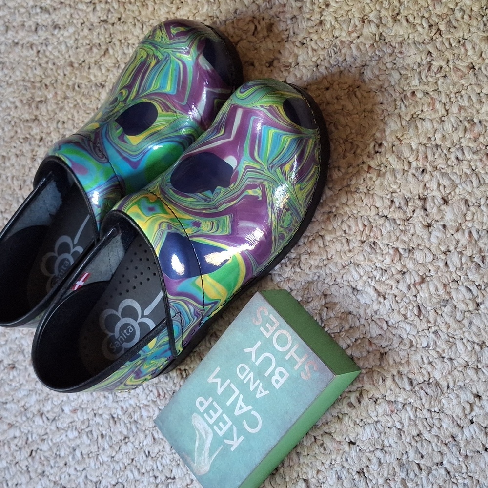 Colorful Sanita Clogs Worn Once Blue Green Purple Swirls Size 38